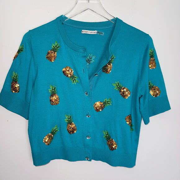 🍍 Alice + Olivia Pineapple Sequin Cardigan – Turquoise (L)295 - Picture 4 of 14
